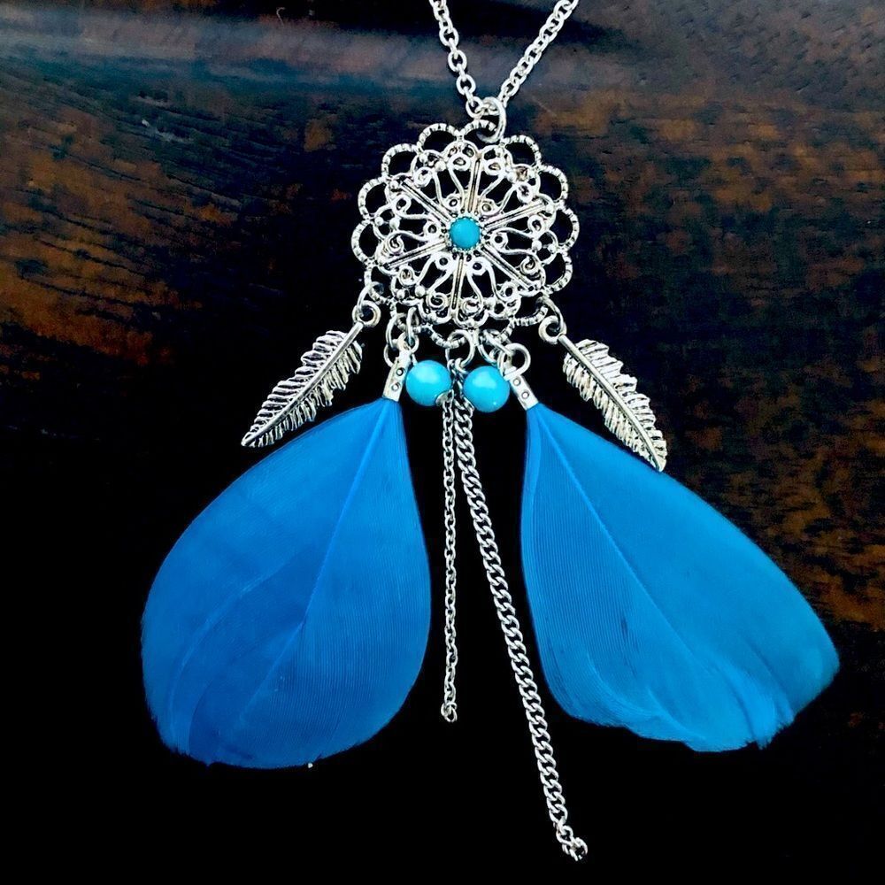 Turquoise Feather Silver Pendant Boho Long Chain Necklace